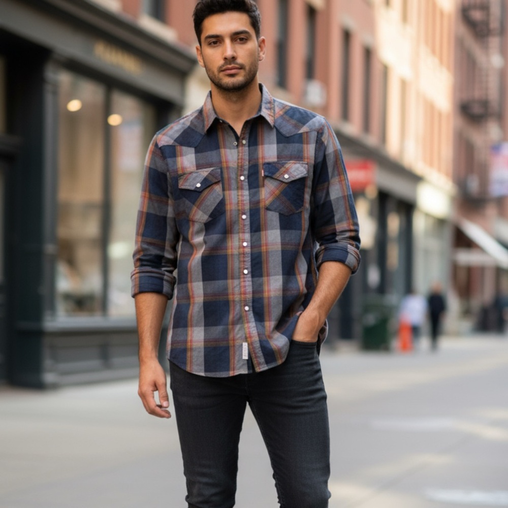 Levi’s Strauss &CO. Two horse Brand  Men's Plaid Shirt - Navy and Orange